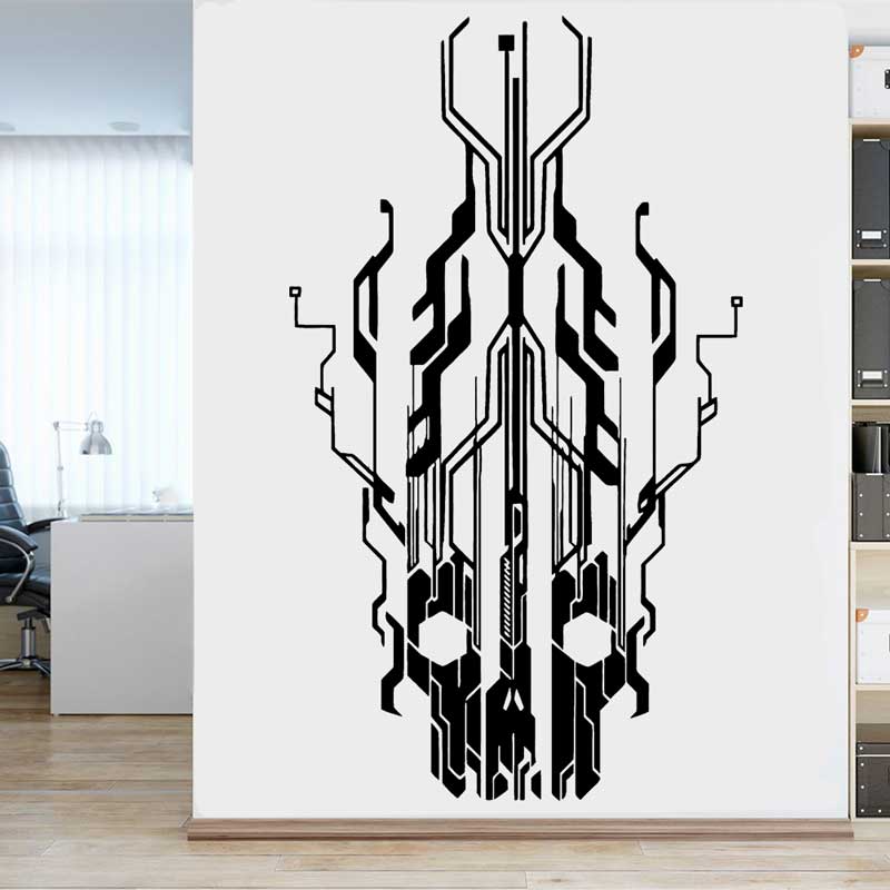 Tech Office Wall - Çip devre teknoloji kafatası vinil duvar