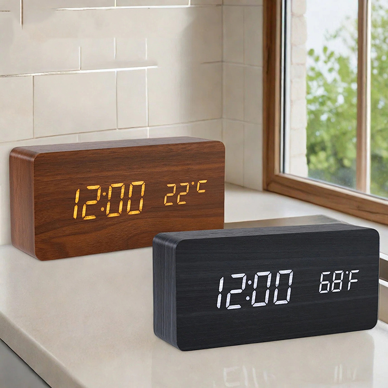 Office Tech Gadgets - Ahşap Dijital Çalar Saat, Saat, Tarih,